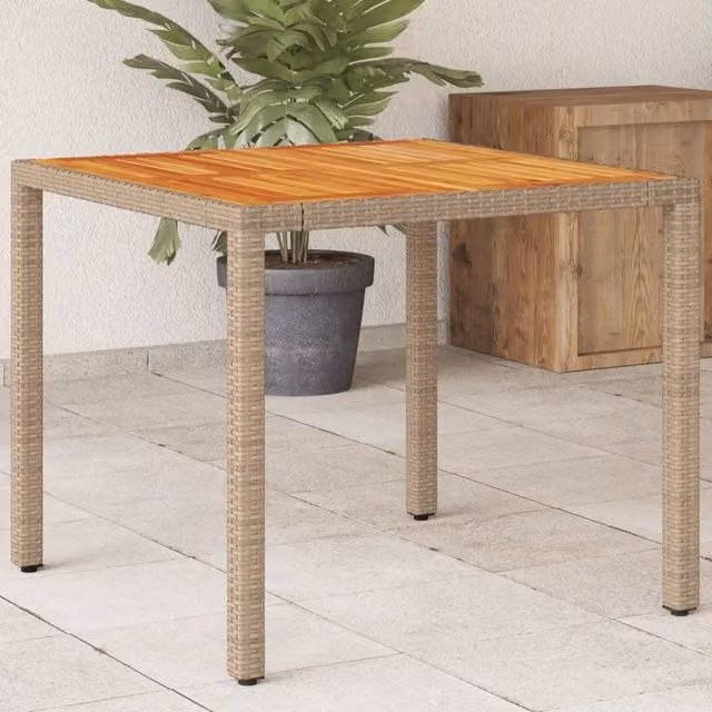 Berkfield Home Modern Garden Table in Beige Poly Rattan and Acacia Wood W/D/H: 90 x 90 x 75 cm