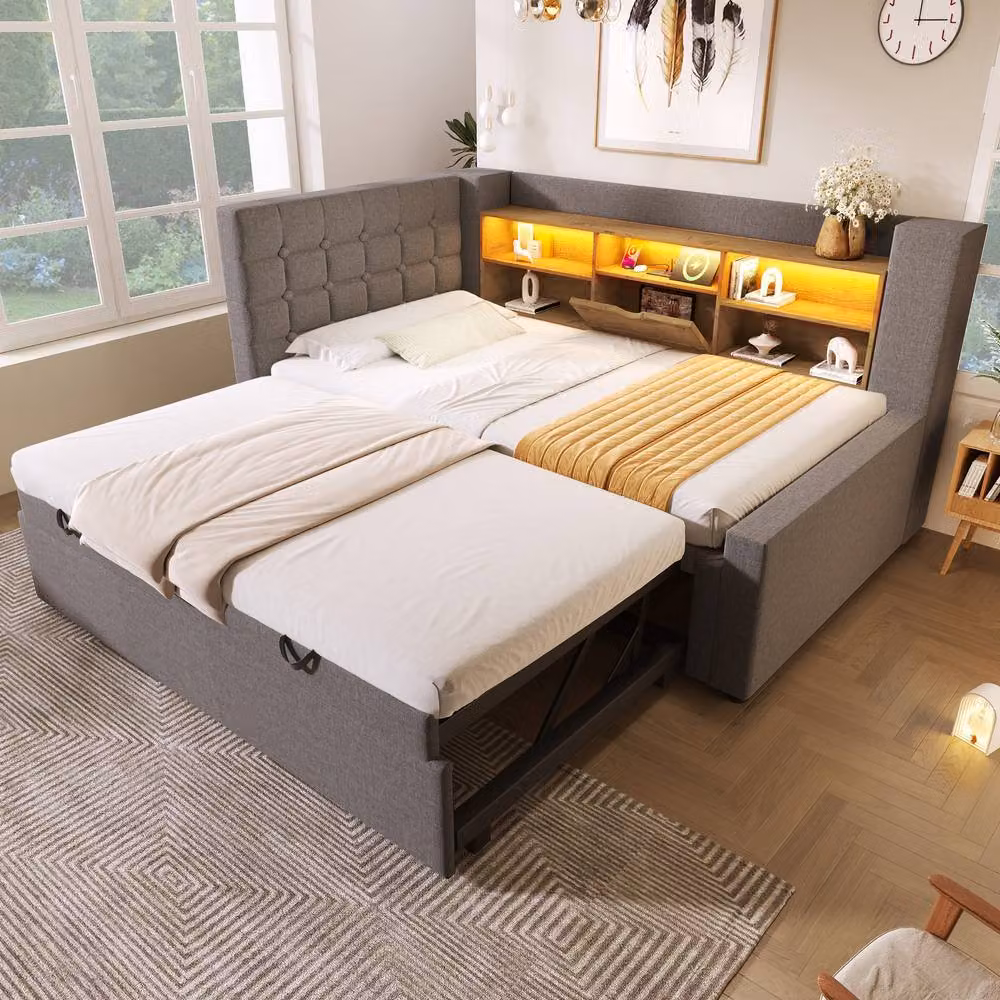 Matteo Grey Linen Upholstered Modern Daybed with Asymmetric Chaise, Side Compartments, Under-Bed Lighting and USB Charging Port, W/D/H: 90 x 200 cm – 6