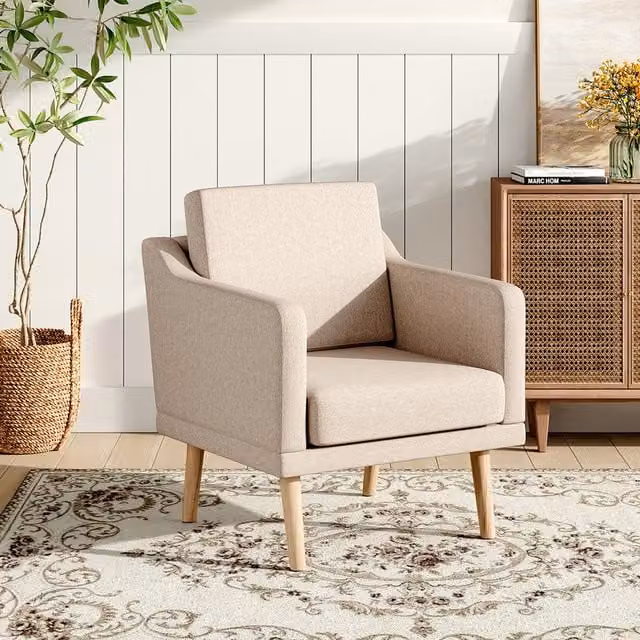 Livingandhome Linen Upholstered Single Padded Armchair with Armrests in Beige and Yellow