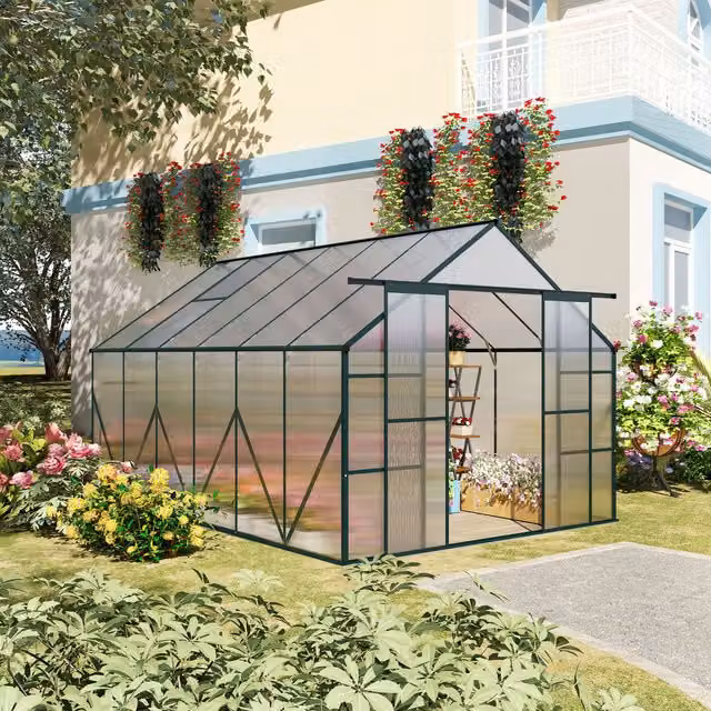 Outsunny Aluminium and Polycarbonate Walk-in Gable Garden Greenhouse in Green and Transparent