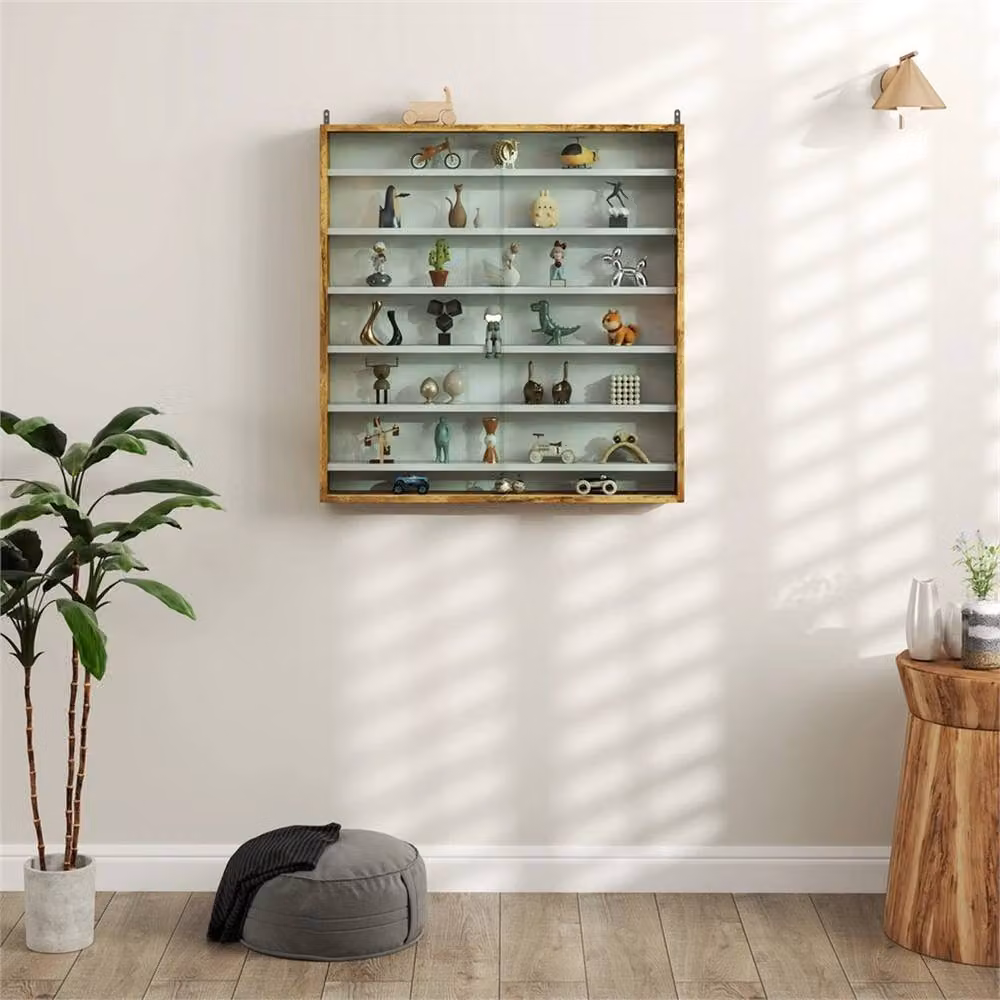 Nordara Rustic Brown Wall Mounted 7-Tier Display Cabinet with Glass Doors and Internal Shelves W/H: 100 x 100 cm – 4