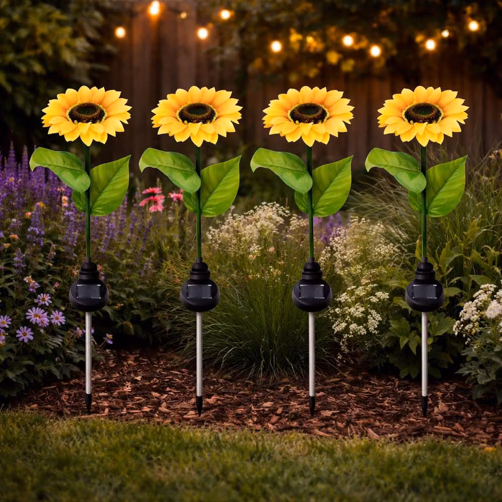 Gardenwize Pack of 4 Solar LED Sunflower Stake Lights in Yellow and Multicolour with Dusk Sensor and Ground Spike – 6