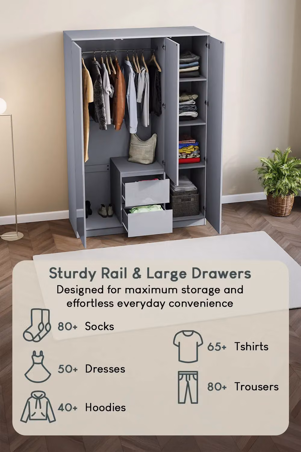 Vida Designs Glinton High Gloss 3 Door 2 Drawer Wardrobe in Grey – 3