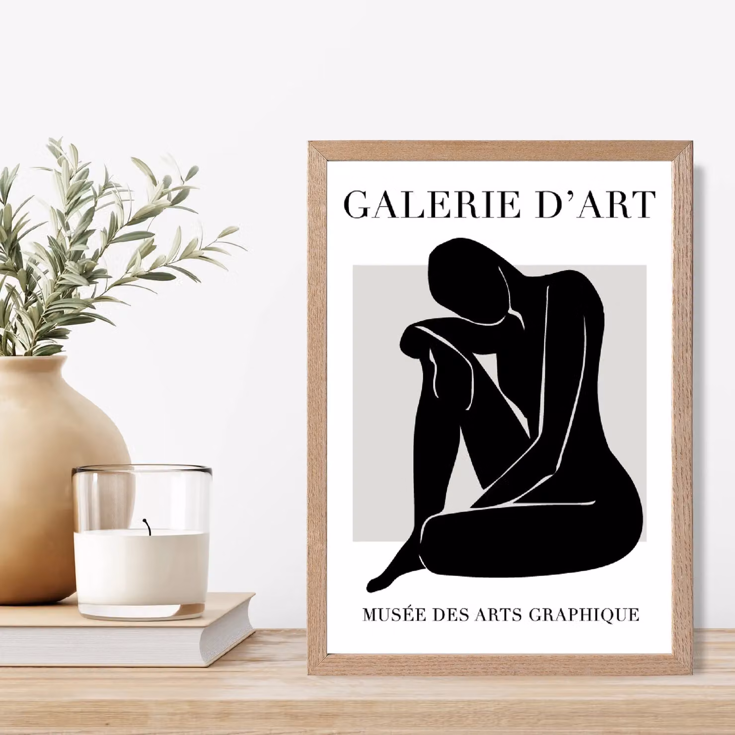 ARTZE Matisse Nude Abstract Framed Print in Black, Grey and White with Oak Wood Frame, A3 – 2