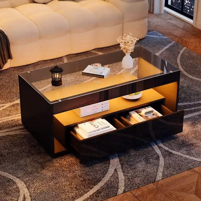 ModernLuxe High Gloss Rectangular Coffee Table with Glass Top and 2 Drawers in Black