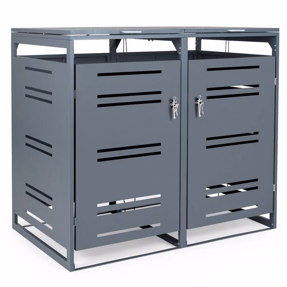 Costway Lockable Double Outdoor Garbage Bin Storage Shed in Grey, Galvanised Steel Bin Store, W/D/H: 132.0 x 80.0 x 117.0 cm – 6