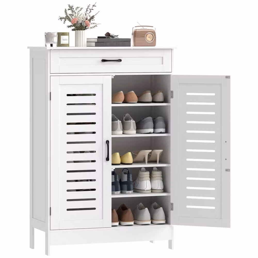 HOMCOM Modern White Freestanding Shoe Storage Cabinet with Hinged Doors, Drawer and Internal Shelves – 2