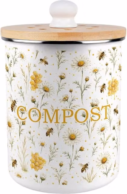 Purely Home Bee Meadow Compost Caddy Metal Kitchen Food Waste Bin with Flip Lid, 2L, Yellow and White