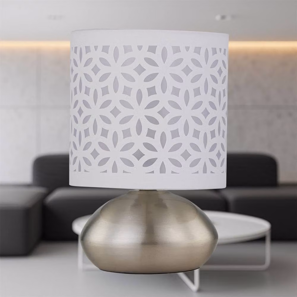 First Choice Lighting Jenson Set of 2 Dimmable Touch Table Lamps in Brushed Chrome with White Fabric Shades – 3