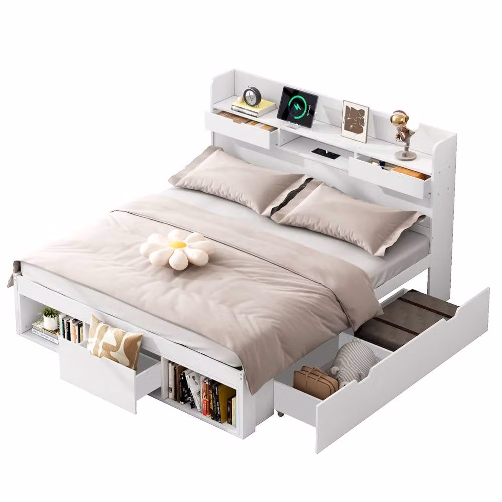 Rolipo White Double Bed with USB Charging Port, Drawers and Storage Cabinet, W/D/H: 140 x 200 cm – 4