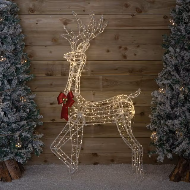 Samuel Alexander Acrylic Christmas Deer Decoration with Red Bow and 940 Warm White LEDs, Height: 148 cm