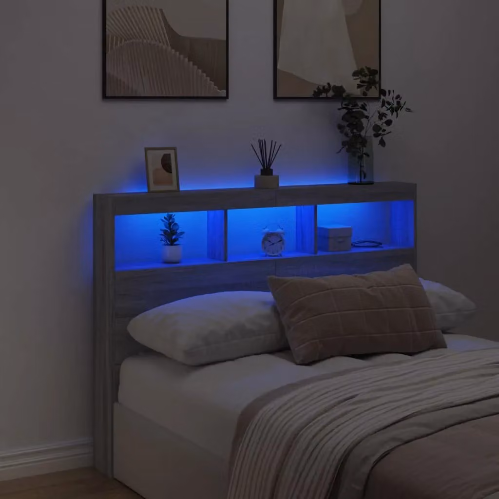 Berkfield Home Modern Headboard Cabinet in Grey Sonoma with Integrated LED Lighting and USB Charging Port, W/D/H: 140 x 17 x 102 cm – 3