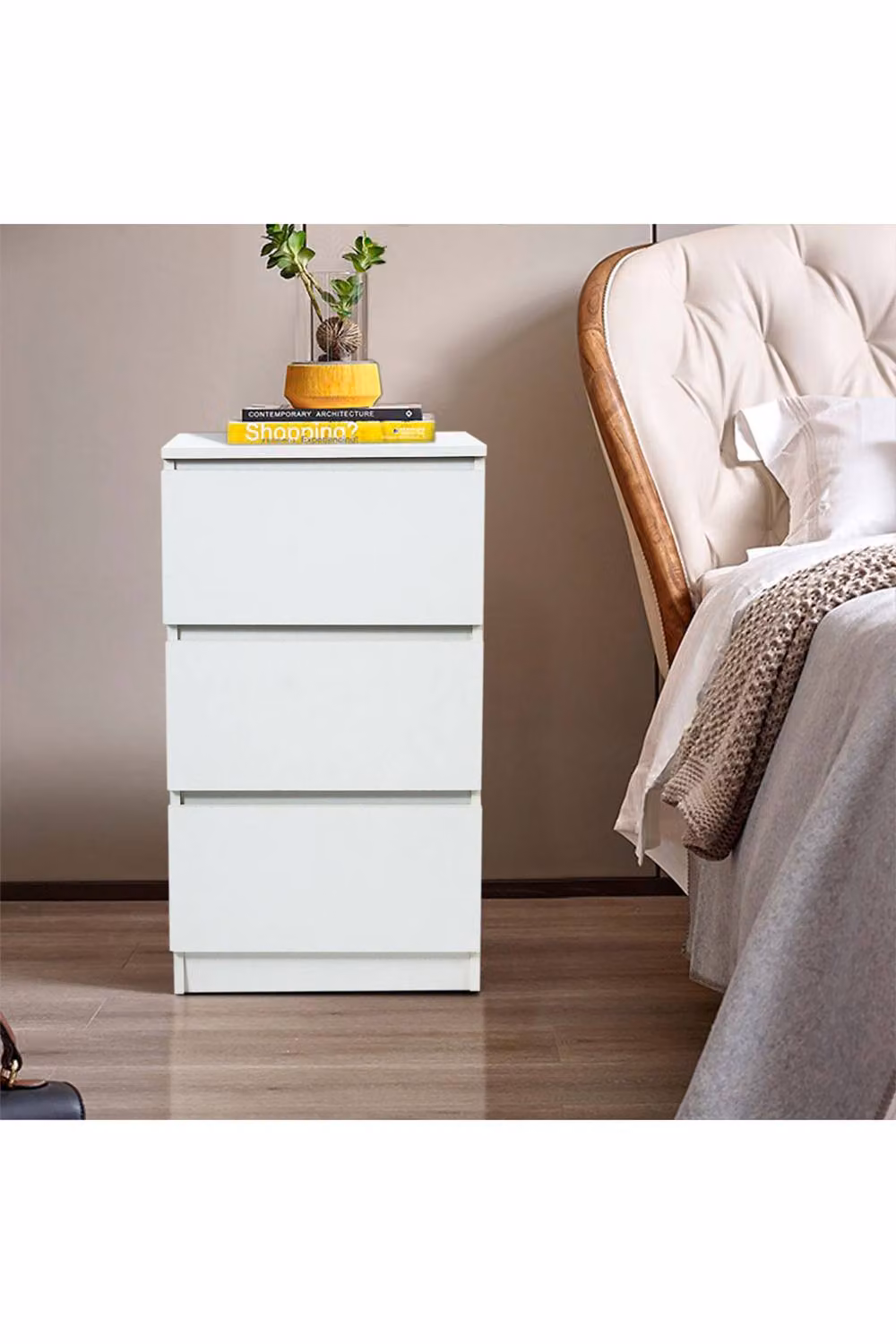 Living and Home Wooden Nightstand Bedside Table with 3 Drawers in White – 4