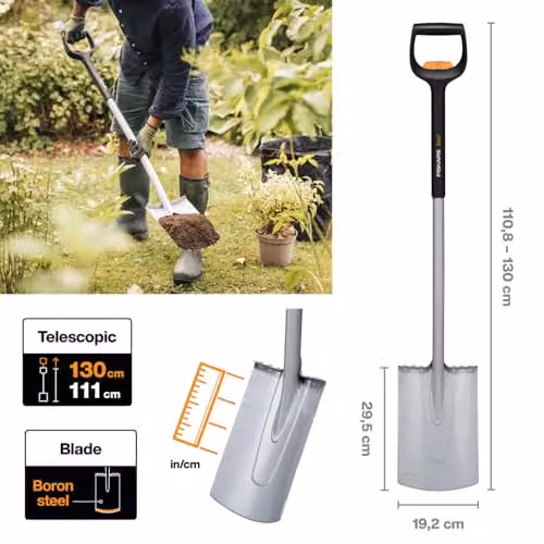 Fiskars Xact Telescopic Spade with Reinforced Boron Steel Blade, Black and Orange, Length: 111 - 130 cm – 2
