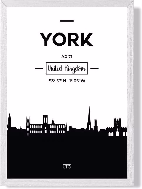 ARTZE York Black and White City Skyline Framed Paper Poster with White Frame
