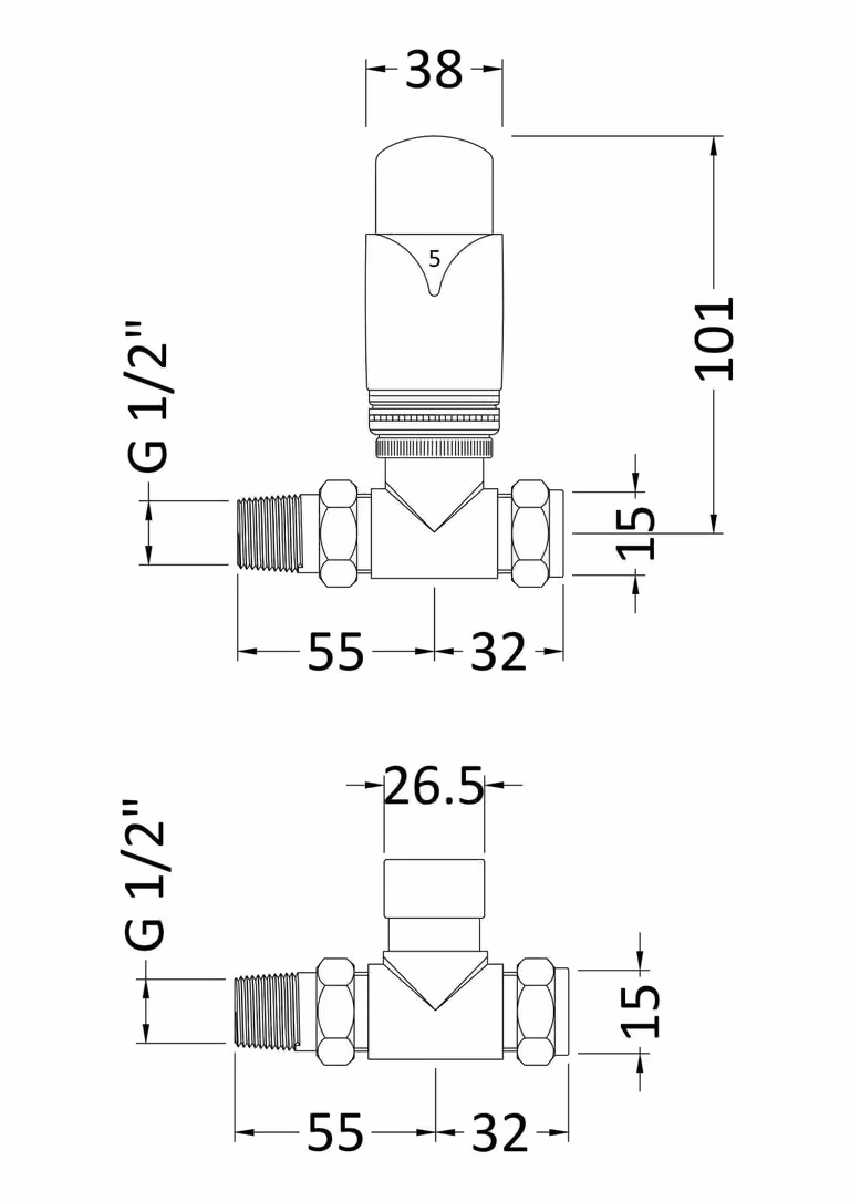 Balterley Lucia Luxury Straight Thermostatic Radiator Valves with Lockshield Valve, Chrome/Silver, W/D/H: 11.8 x 6.0 x 4.0 cm