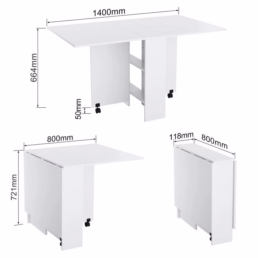ERGOVEXA White Folding Dining Table with Drop Leaf, Rolling Desk and 2 Storage Shelves, W/D/H: 80 x 60 x 72 cm – 2