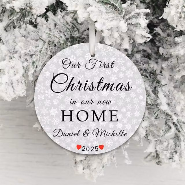 Uniqueful Personalised 1st Xmas in Our New Home Round Hanging Christmas Decoration in White