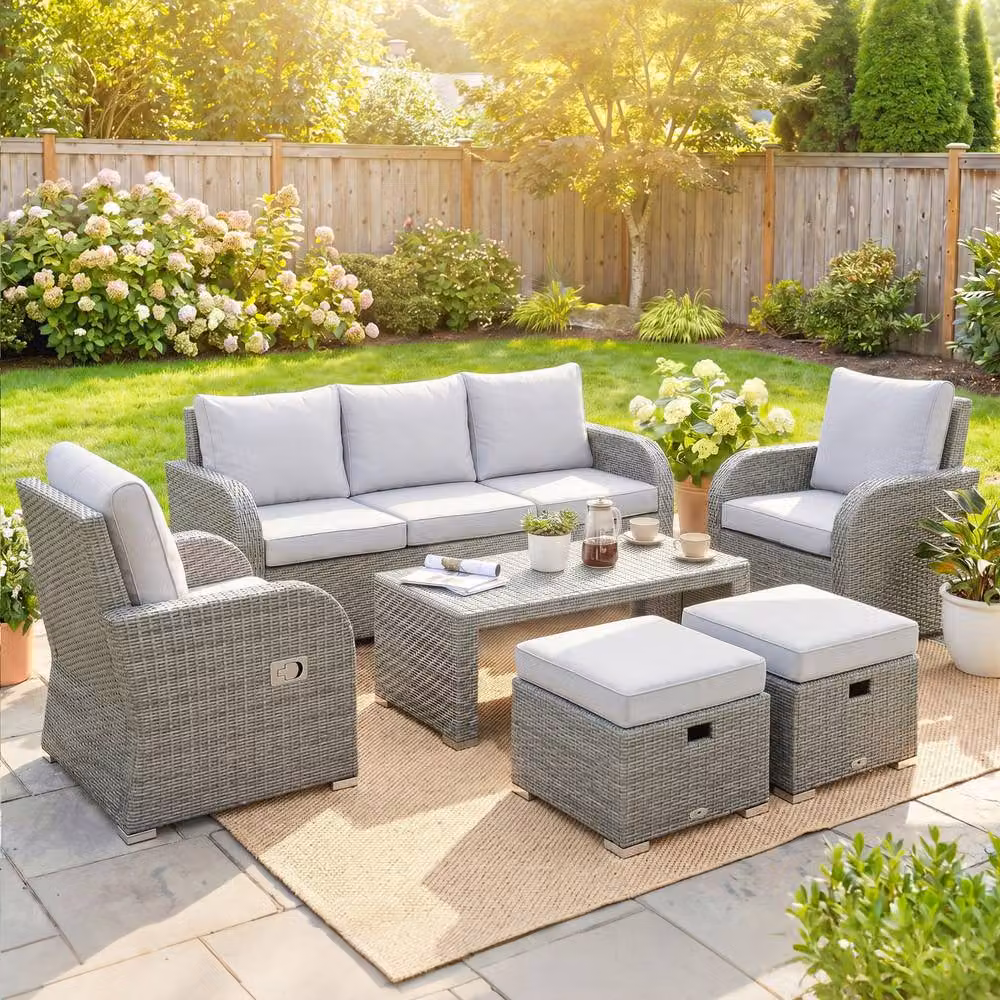 ERGOVEXA Six-piece Rattan Garden Furniture Set in Grey with Upholstered Cushions, 3-Seater Sofa, Lounge Armchair, Ottoman and Coffee Table – 3