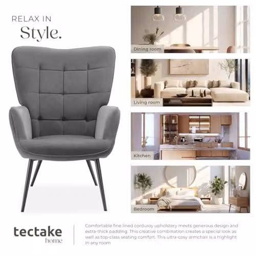 tectake Scandinavian Style Corduroy Armchair with Foam Padding and Steel Legs in Anthracite/Black, W: 76 cm, D: 72 cm, H: 100.5 cm – 9