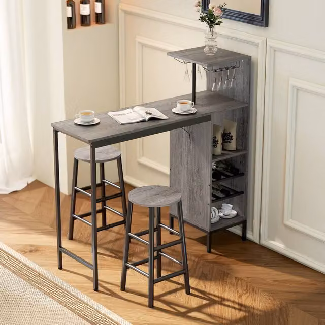 HOMCOM 3 Piece Dining Room Set with 6-Tier Rectangular Table and Stools in Natural, Black and Grey Finish