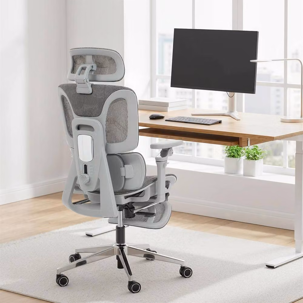 HOMCOM Ergonomic Grey Fabric Mesh Office Chair with Headrest, Footrest and Armrests – 2