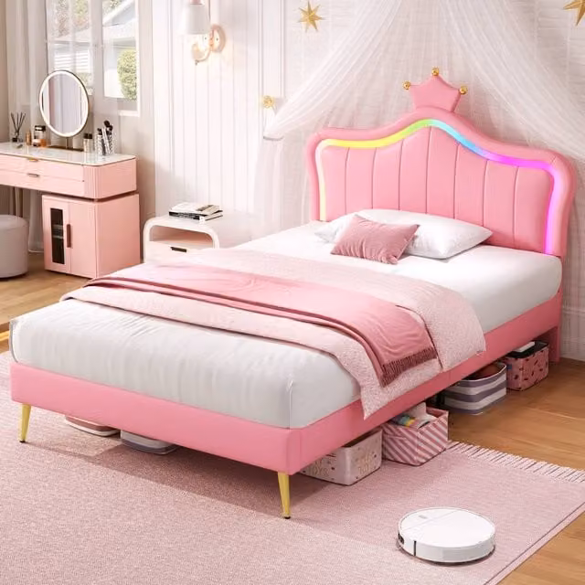 BTM Pink PU Leather Upholstered Childrens Bed with Adjustable LED Crown Shape Headboard