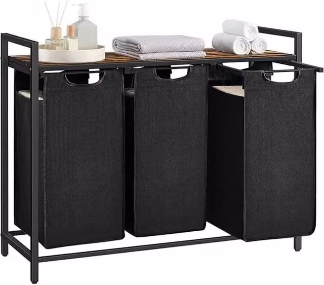 NESTLUNE 3 Compartment Laundry Hamper Basket with Removable Bags in Black – 1