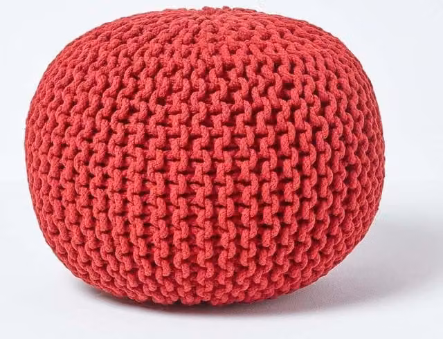 Homescapes Red Round Cotton Knitted Pouffe Footstool
