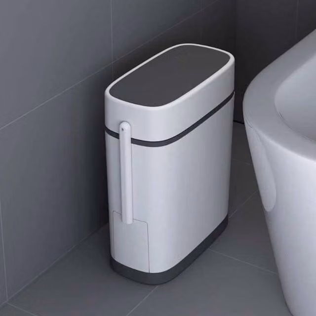 SPETLEK Slim Narrow White Plastic Toilet Bin with Flip Lid and Brush