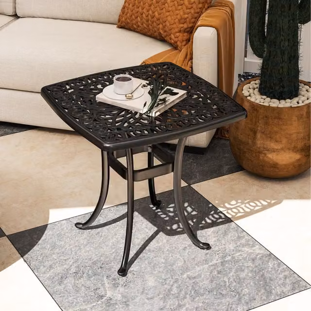 Outsunny Outdoor Garden Side Table with Umbrella Hole in Black Matt Metal