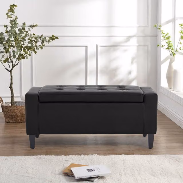 Home Republic Faux Leather Ottoman Storage Bench in Black