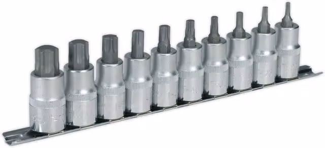 Loops 10 Pack TRX Star Socket Bit Set, 1/2 Inch Square Drive, T20 to T70 Torx, Silver Chrome Vanadium Steel