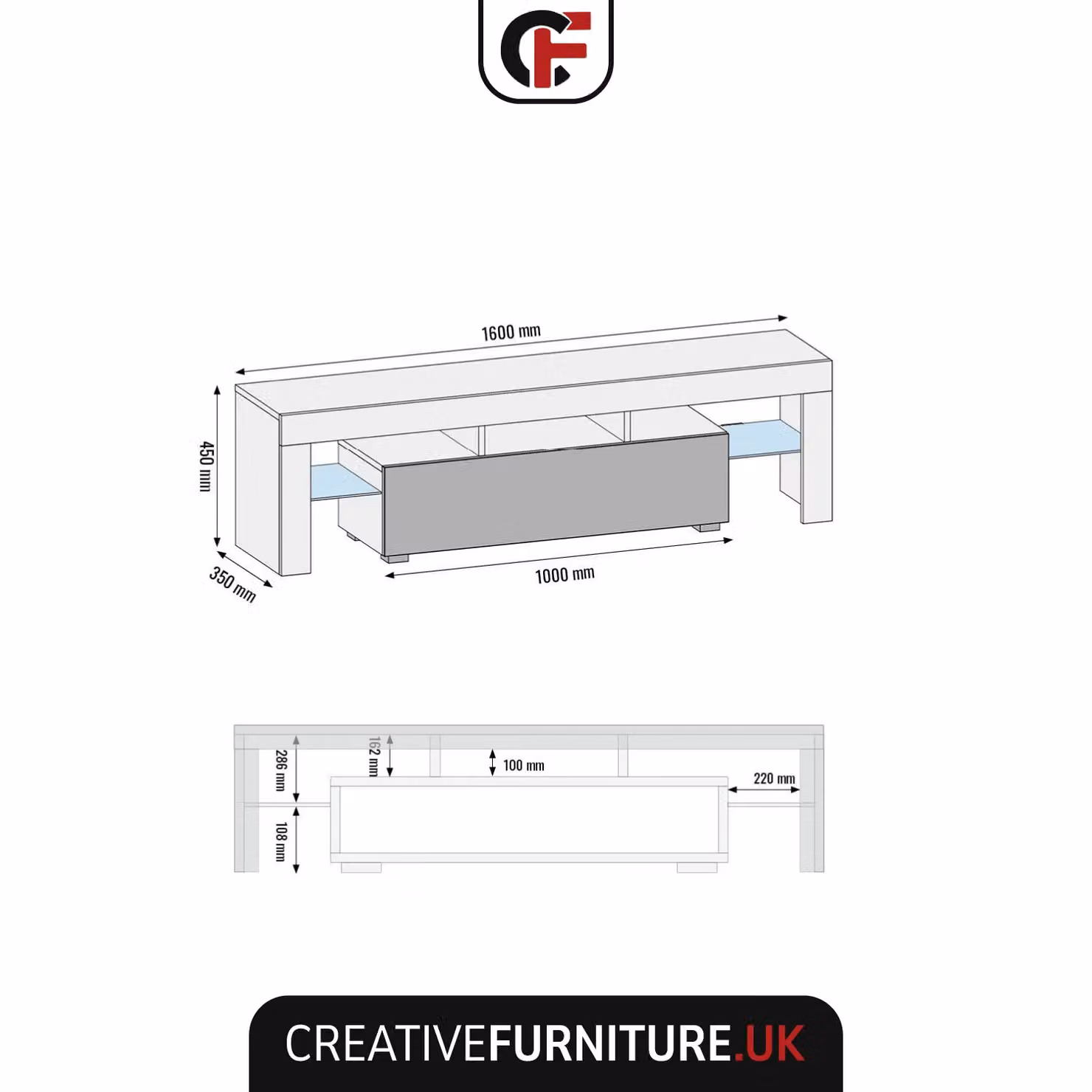 Mex Furniture LTD Modern Glossy Black TV Unit with LED Lighting, W: 160 cm, D: 35 cm, H: 45 cm – 4