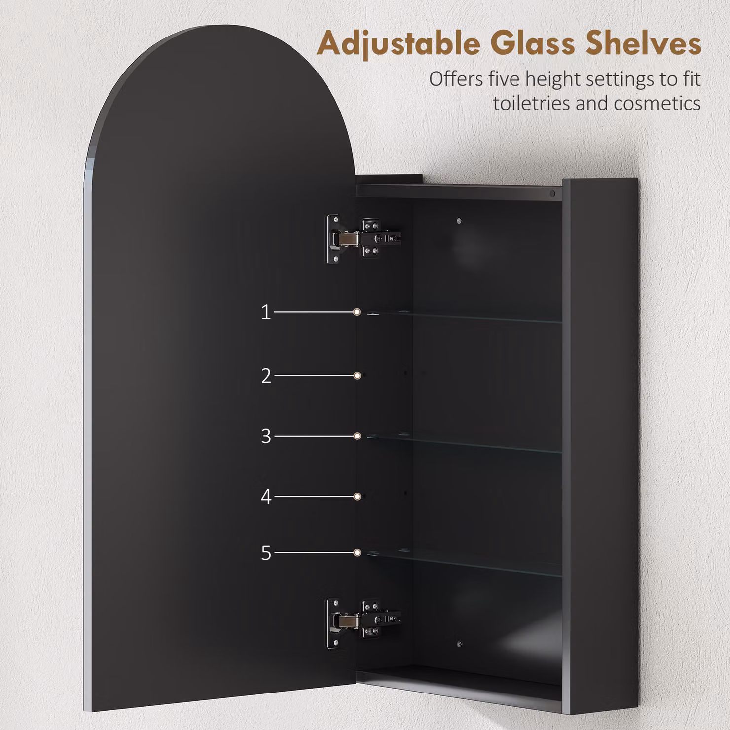 HOMCOM Arched Bathroom Mirror Cabinet in Black with Adjustable Glass Shelves – 3