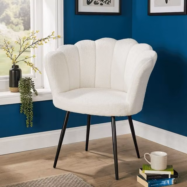 Home Source Scallop Shell Wing Back Armchair in White Bouclé Fabric with Gold Legs – 1