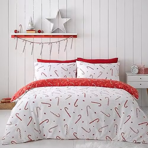 Catherine Lansfield Christmas Candy Cane Reversible Single Duvet Cover Set with Pillowcase, Red and White, W/D/H: 135 x 200 cm, Pillowcase: 50 x 75 cm – 1