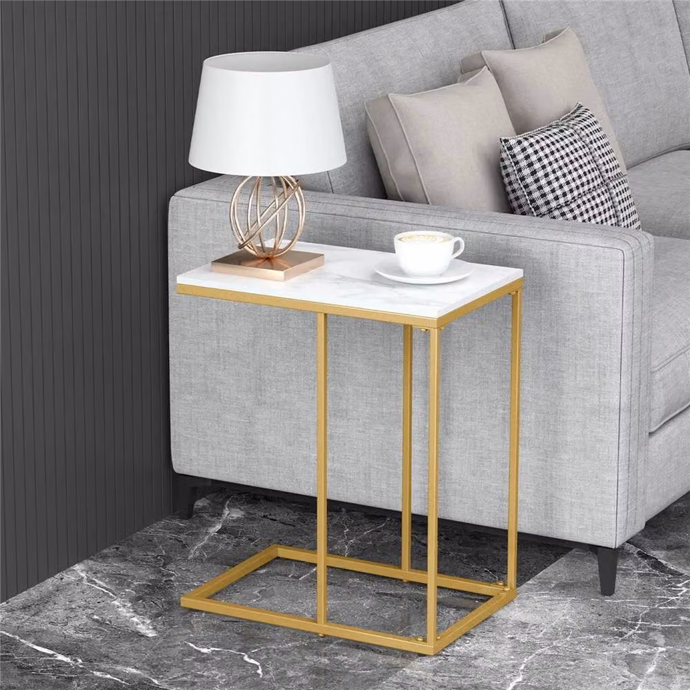 Kelvenix C-Shape Sofa Side Table with White Marble Top and Gold Metal Frame – 2