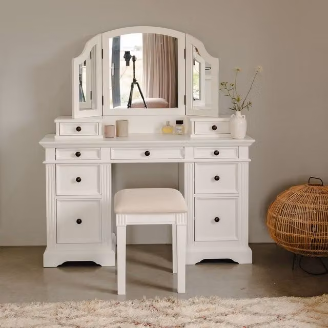 Statement Furniture Gainsborough White Dressing Table Set with 3-Way Mirror and Metal Handles, W132.5 x H78 x D42.5 cm