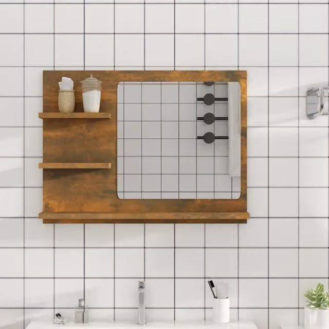 Berkfield Home Bathroom Mirror in Smoked Oak Brown, W: 60 cm, D: 10.5 cm, H: 45 cm