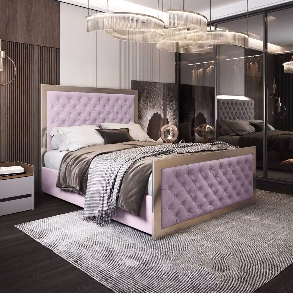 Casani Latimer Modern Upholstered Velvet Bed Frame in Pink and Black with Metal Details, W/D/H: 200 x 137 x 200 cm – 2