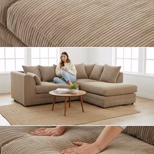 Bliss Furniture 4-Seater Right Hand Corner L-Shaped Sofa in Brown Jumbo Cord Fabric with Scatter Cushions – 3
