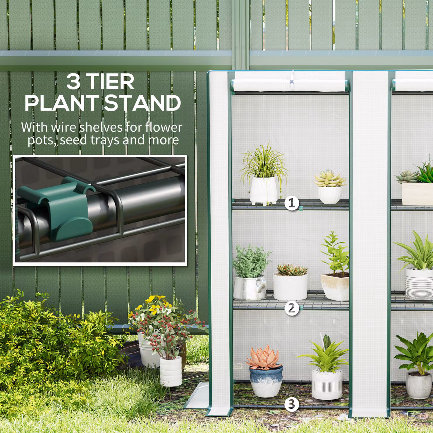 Outsunny Three-Tier Mini Greenhouse in White with Steel Frame and Plastic Shelving, H 152 cm x W 144 cm x D 48 cm – 3