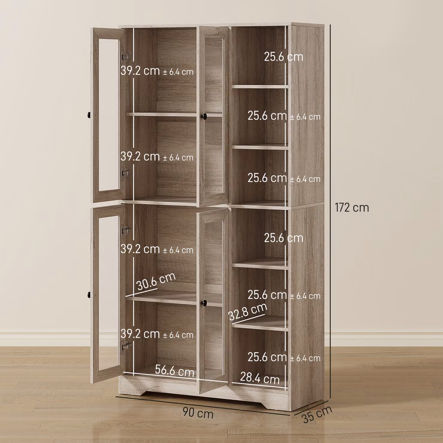 HOMCOM Grey Wood-Effect Multi-Storage Kitchen Tall Cabinet with Glass Doors and Soft-Close Doors – 3