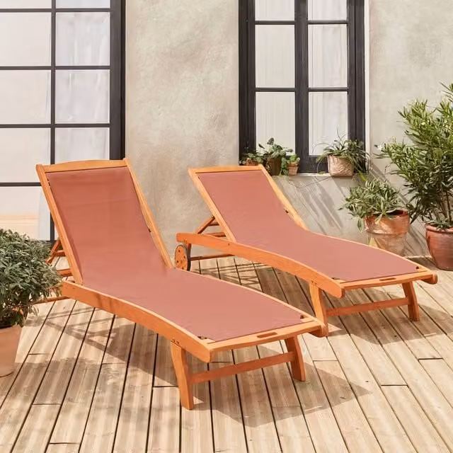 sweeek Pair of Modern Terracotta Wooden and Textilene Sun Loungers with Adjustable Headrests and Castors