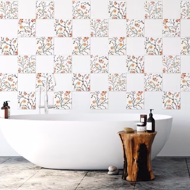 Walplus Adhesive Floral Wall Tile Stickers, Amber, White and Multicolour, W: 15 cm, H: 15 cm, D: 15 cm, 24 Pack