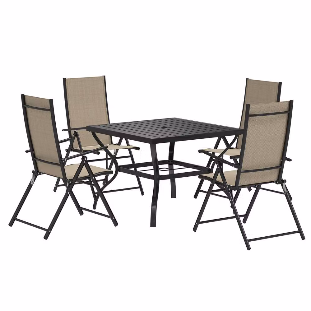 STILVORA Modern Square Garden Dining Set with Folding Chairs in Beige Matt Powder Coated Steel – 3