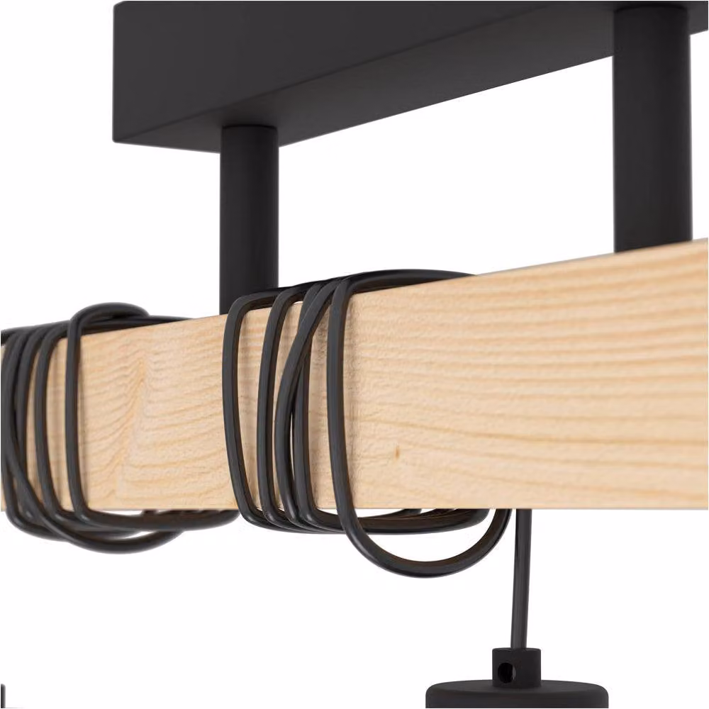 Loops Modern Triple Pendant Light in Black and Brown with Wood and Metal Details, Diameter: 55 cm – 4