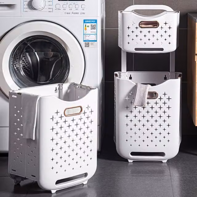 Livingandhome Foldable Multi-Layer Laundry Baskets with Wheels, White, Height: 76 cm