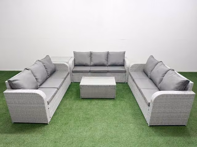 Fimous 9 Seater PE Rattan Garden Furniture Set with Coffee Table and Side Table in Light Grey